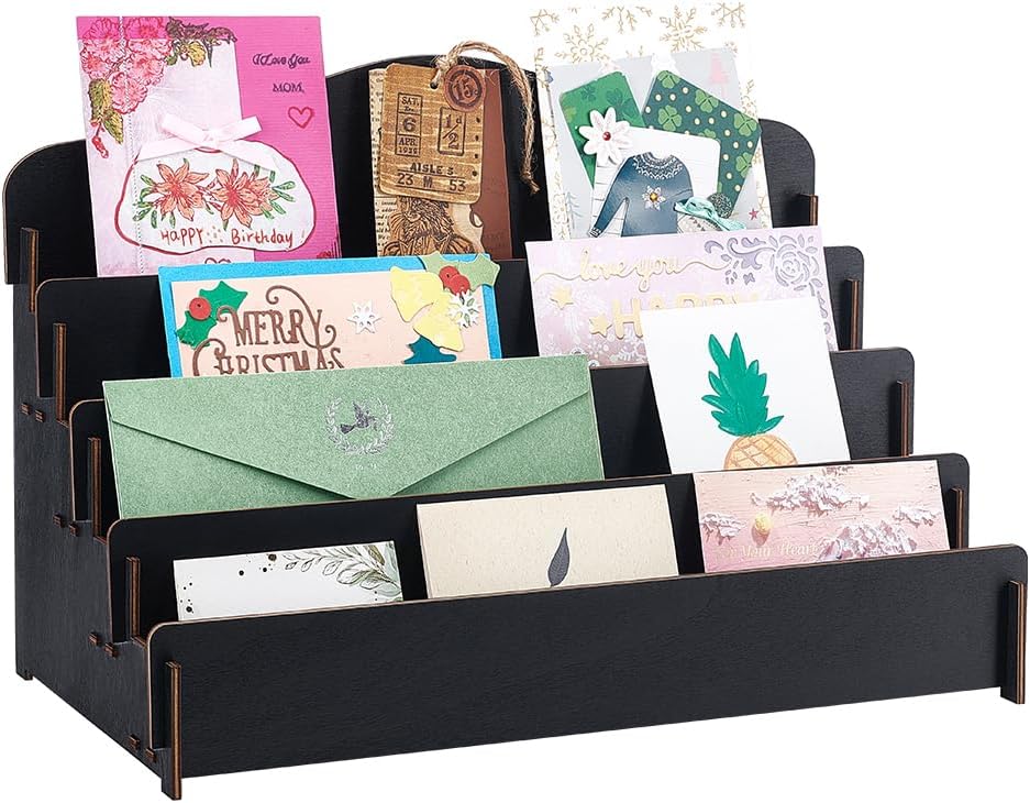 Greeting Card Display Stand Stand 4 Tiers Wooden Storage Display Stand Postcard Display Portable Birthday Greeting Card Display Sticker Display Stand for Vendor Counter Retail Display Stand