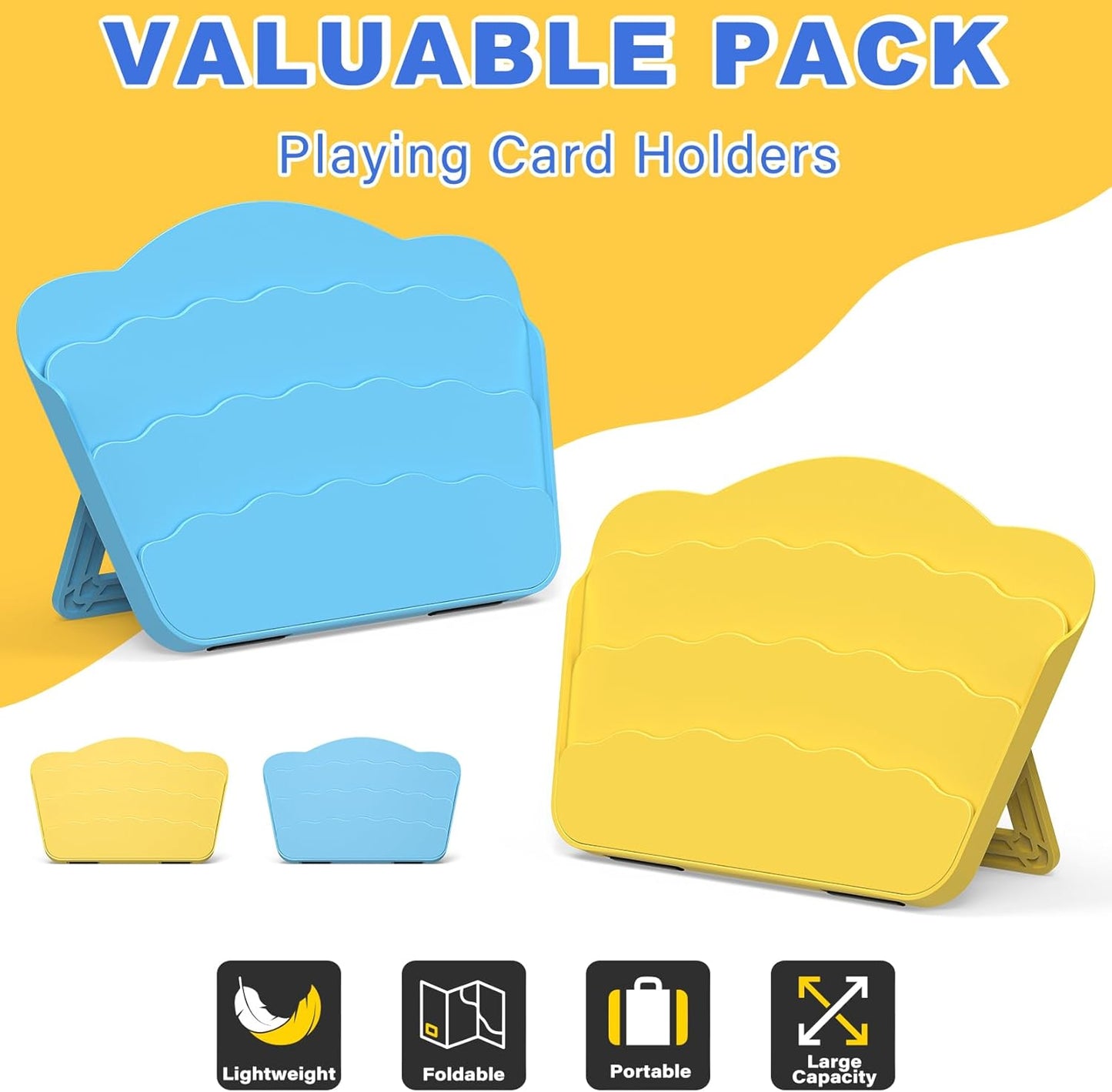 Playing Card Holder with Foldable Table Stand, 3-Layer Design, for Poker UNO Cards, Playing Card Accessories, Set of 4 (2 Blue + 2 Yellow)