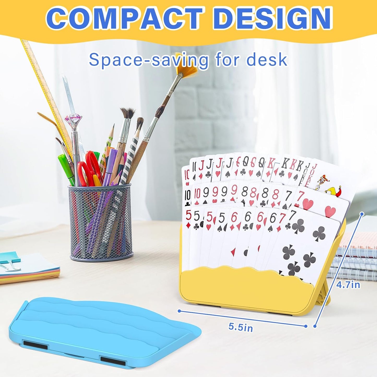 Playing Card Holder with Foldable Table Stand, 3-Layer Design, for Poker UNO Cards, Playing Card Accessories, Set of 4 (2 Blue + 2 Yellow)