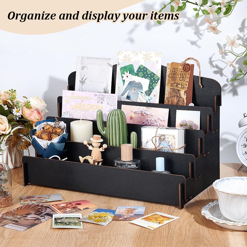 Greeting Card Display Stand Stand 4 Tiers Wooden Storage Display Stand Postcard Display Portable Birthday Greeting Card Display Sticker Display Stand for Vendor Counter Retail Display Stand