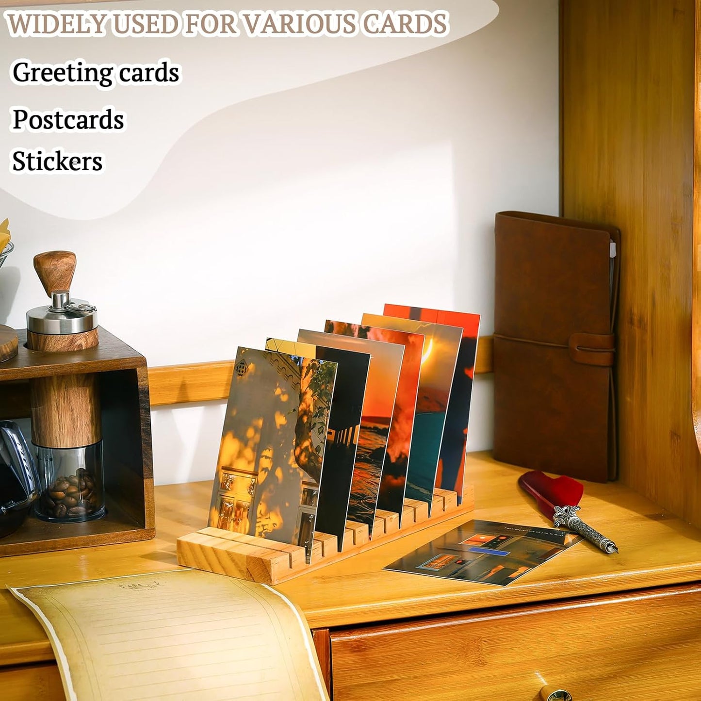 Greeting Card Display Stand 12 Slots Wooden Card Holder Multipurpose Stand Desktop Photo Organizer for Vendor Postcards, Stickers, Bookmarks, Home Office Decor