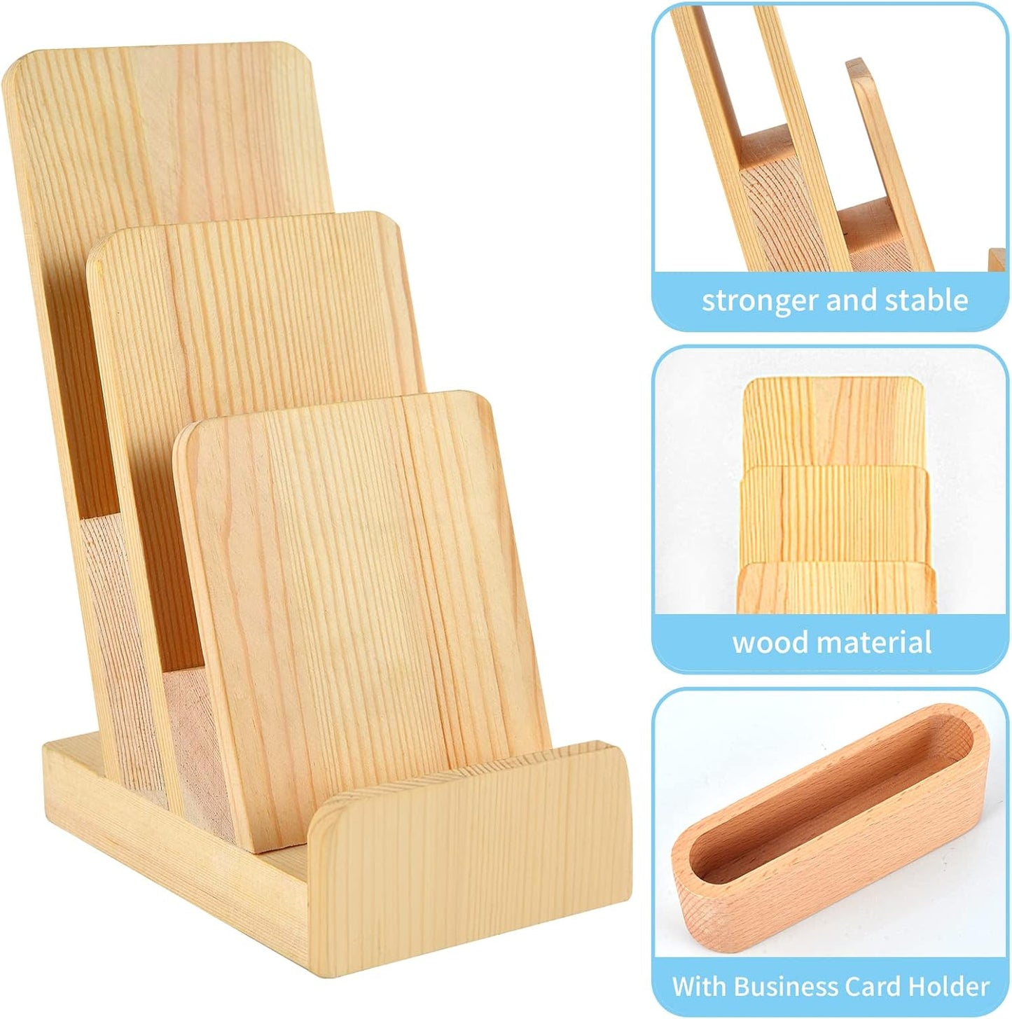 Three-layer wooden brochure rack with business card holder, leaflet holder, postcard display stand, document holder, brochure display stand, magazine rack, leaflet holder, brochure, menu, journal