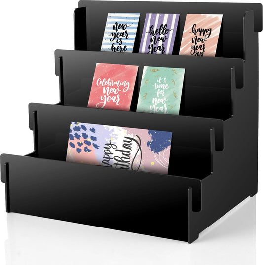3-Tier Black Acrylic Greeting Card Display Stand Greeting Card Organizer Postcard Display Stand Sticker Display Stand Card Display Stand Retail Display Stand for Crafts Exhibitor Event Counter Table (Black)