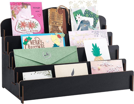 Greeting Card Display Stand Stand 4 Tiers Wooden Storage Display Stand Postcard Display Portable Birthday Greeting Card Display Sticker Display Stand for Vendor Counter Retail Display Stand