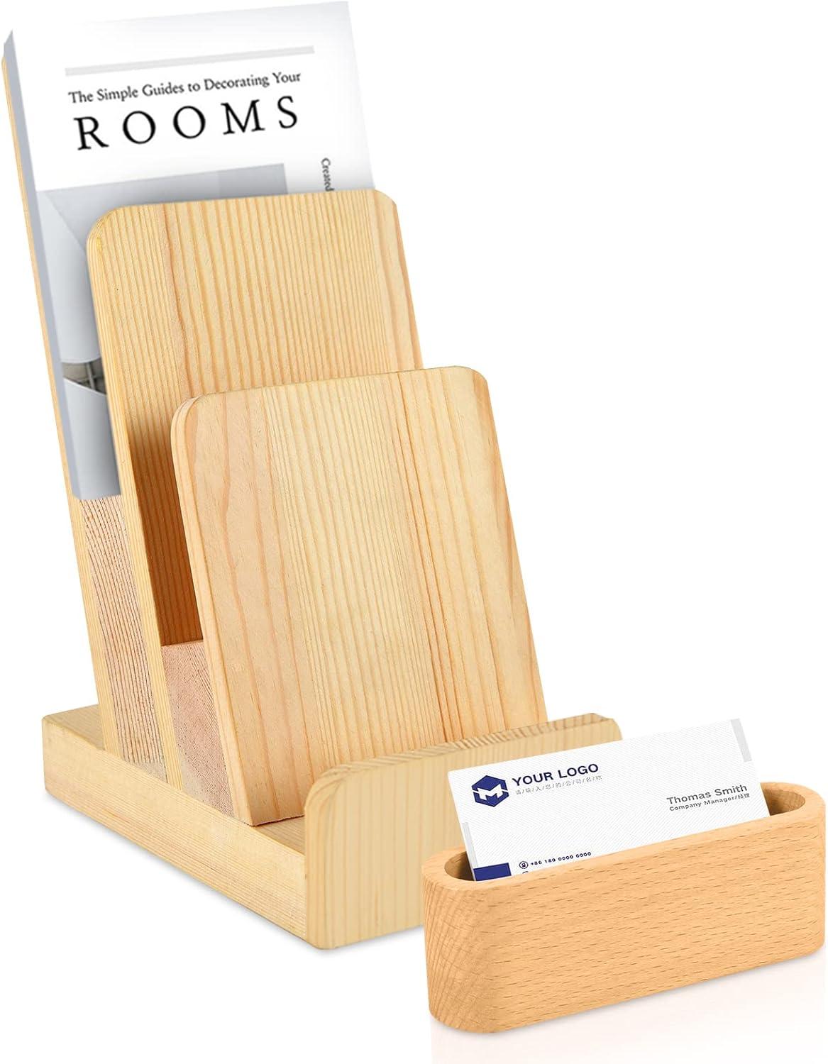 Three-layer wooden brochure rack with business card holder, leaflet holder, postcard display stand, document holder, brochure display stand, magazine rack, leaflet holder, brochure, menu, journal