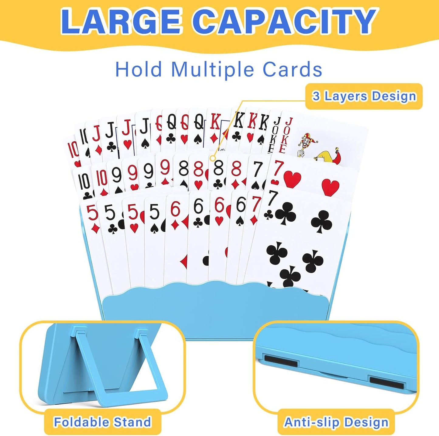Playing Card Holder with Foldable Table Stand, 3-Layer Design, for Poker UNO Cards, Playing Card Accessories, Set of 4 (2 Blue + 2 Yellow)