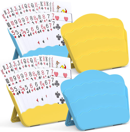Playing Card Holder with Foldable Table Stand, 3-Layer Design, for Poker UNO Cards, Playing Card Accessories, Set of 4 (2 Blue + 2 Yellow)