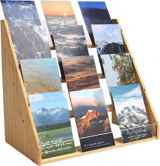 4-Tier Bamboo Greeting Card Display Stand, Sticker Display Stand with Clear Acrylic Panel for Cards, Postcards, Photos, Brochures, Postcard Holder for Home, Birthday, Office, Market Decoration