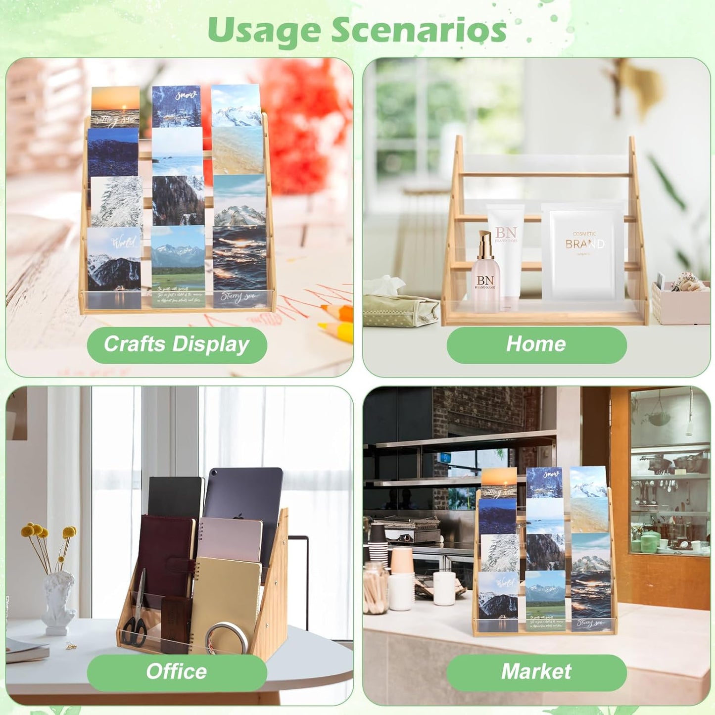 4-Tier Bamboo Greeting Card Display Stand, Sticker Display Stand with Clear Acrylic Panel for Cards, Postcards, Photos, Brochures, Postcard Holder for Home, Birthday, Office, Market Decoration
