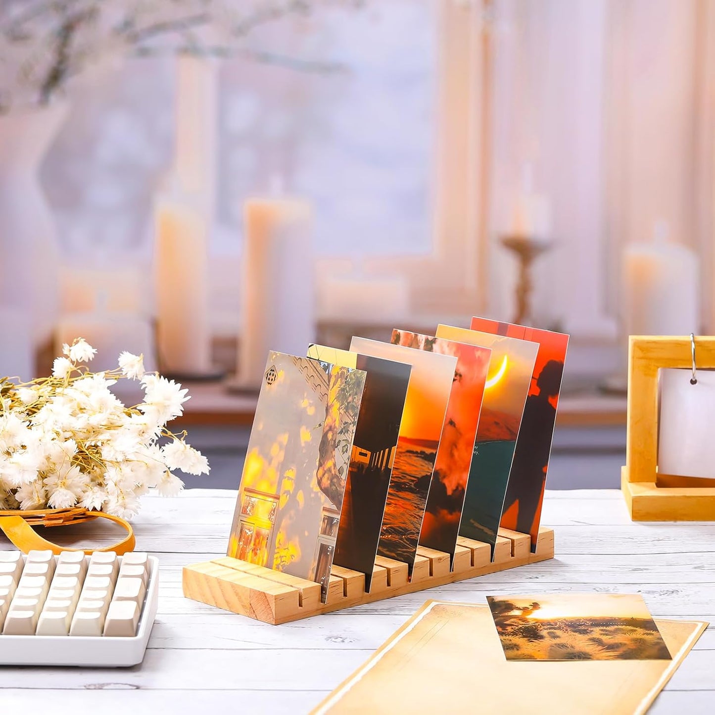 Greeting Card Display Stand 12 Slots Wooden Card Holder Multipurpose Stand Desktop Photo Organizer for Vendor Postcards, Stickers, Bookmarks, Home Office Decor