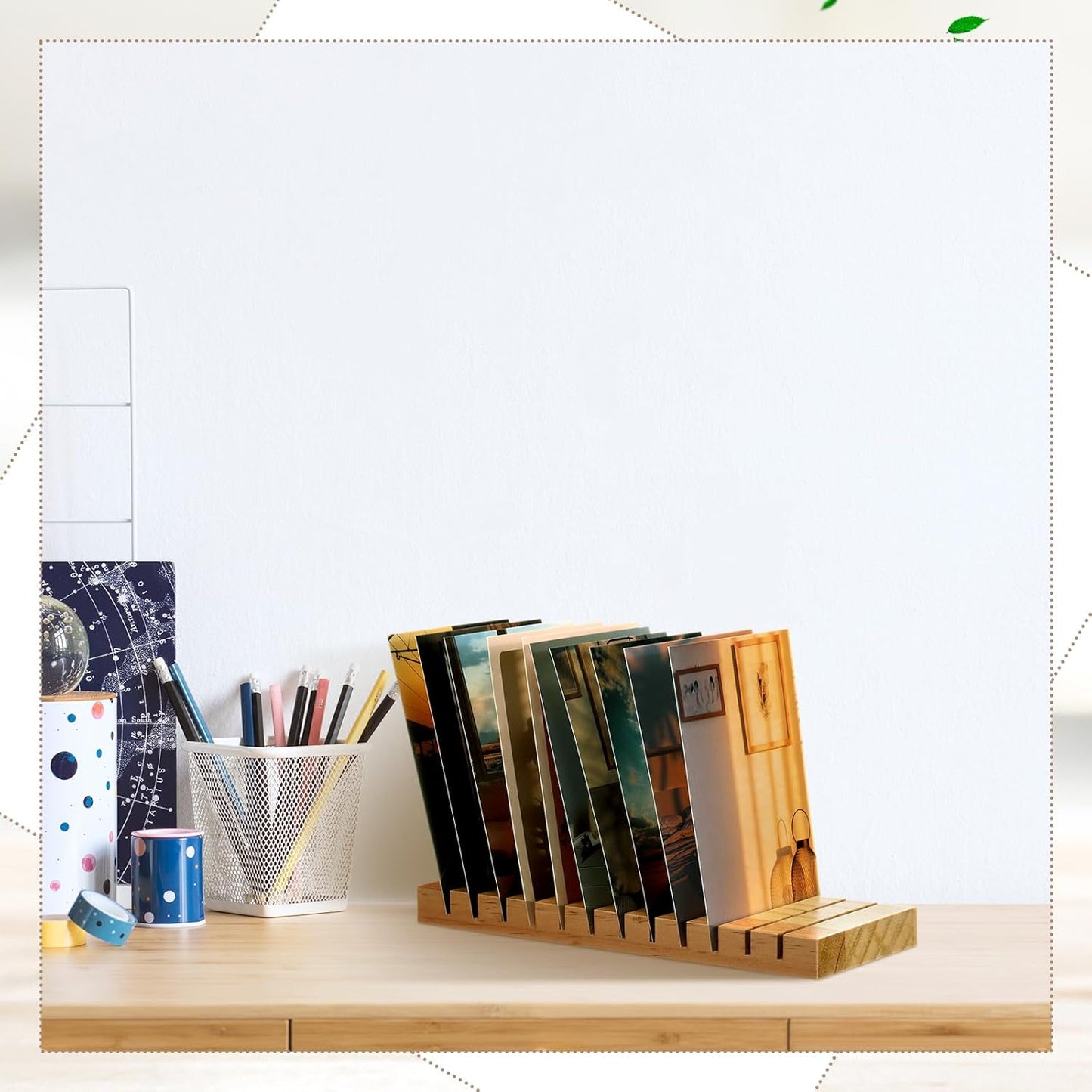 Greeting Card Display Stand 12 Slots Wooden Card Holder Multipurpose Stand Desktop Photo Organizer for Vendor Postcards, Stickers, Bookmarks, Home Office Decor