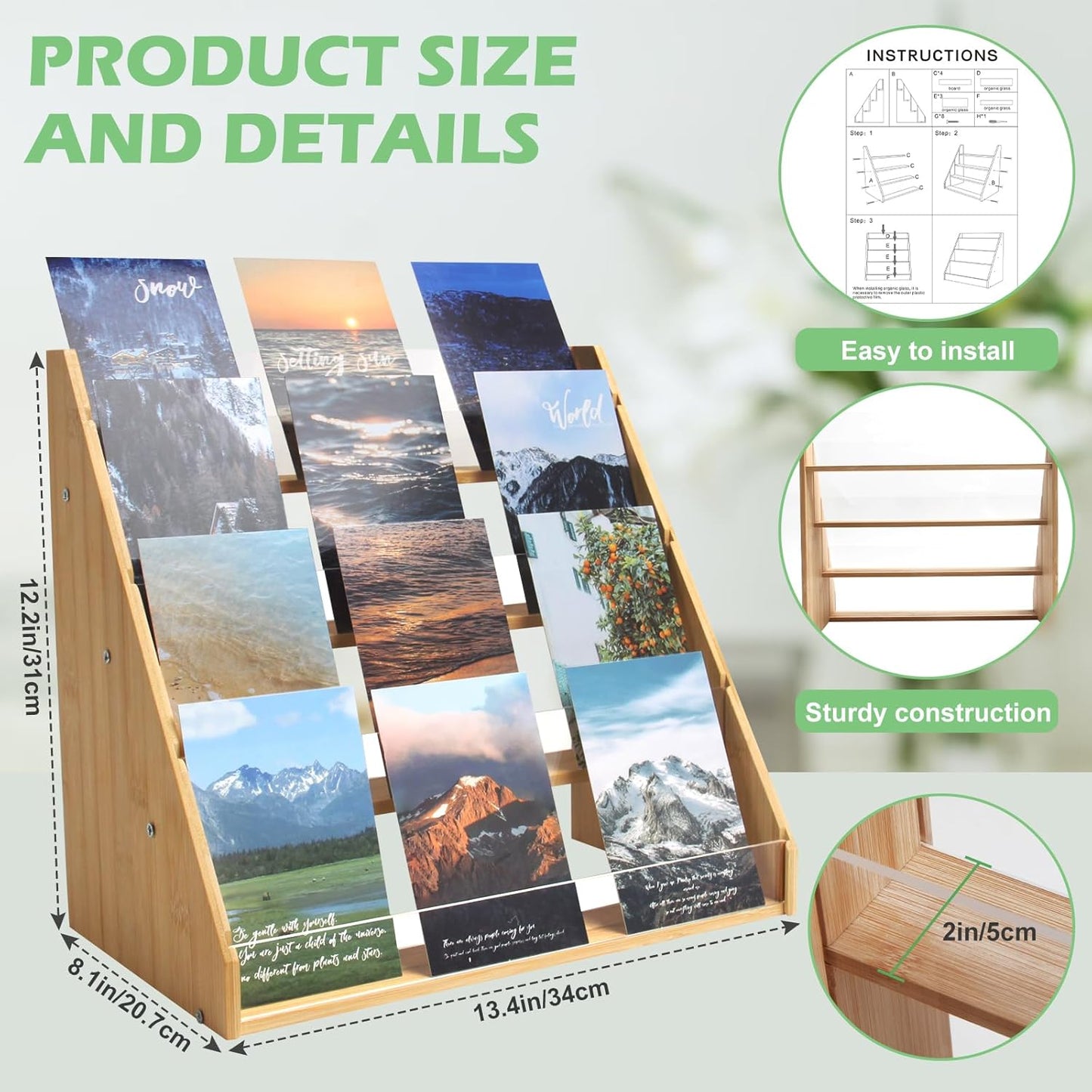 4-Tier Bamboo Greeting Card Display Stand, Sticker Display Stand with Clear Acrylic Panel for Cards, Postcards, Photos, Brochures, Postcard Holder for Home, Birthday, Office, Market Decoration