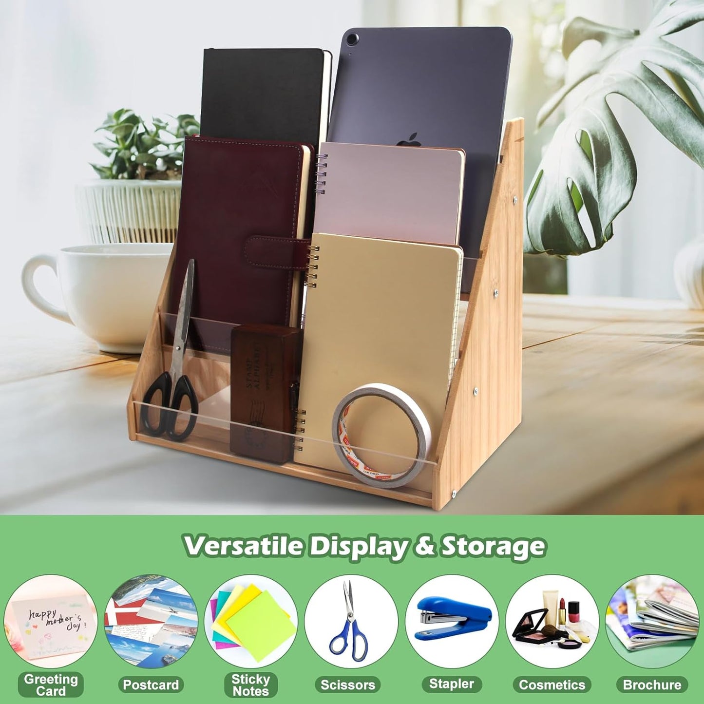 4-Tier Bamboo Greeting Card Display Stand, Sticker Display Stand with Clear Acrylic Panel for Cards, Postcards, Photos, Brochures, Postcard Holder for Home, Birthday, Office, Market Decoration