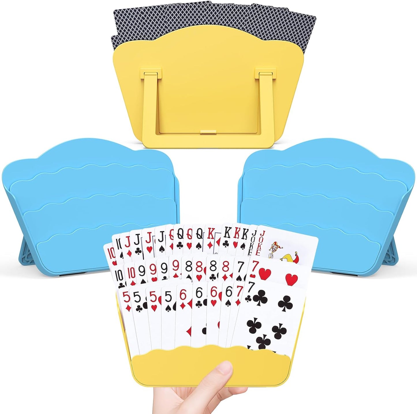 Playing Card Holder with Foldable Table Stand, 3-Layer Design, for Poker UNO Cards, Playing Card Accessories, Set of 4 (2 Blue + 2 Yellow)