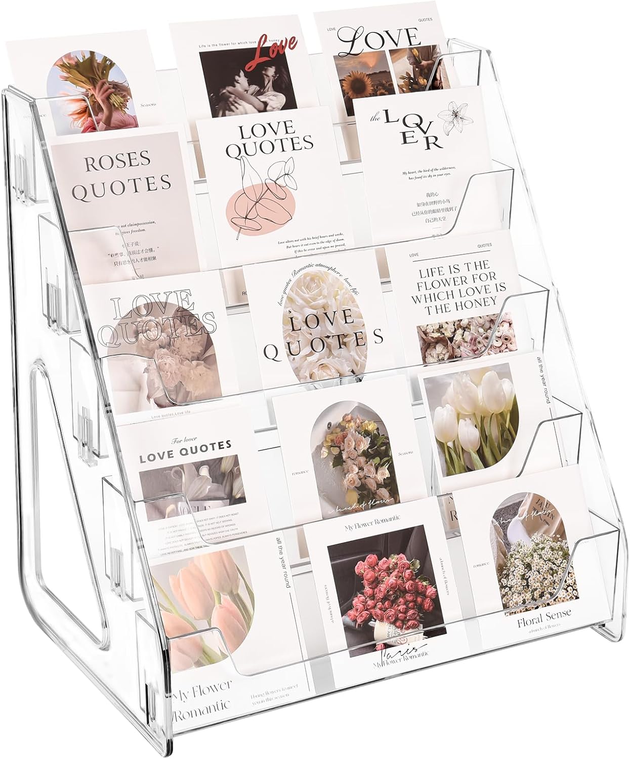 5-layer acrylic card display stand, clearly display greeting cards, sports cards, postcards, stickers and brochures, easily snap in, increase height and thickness, better presentation