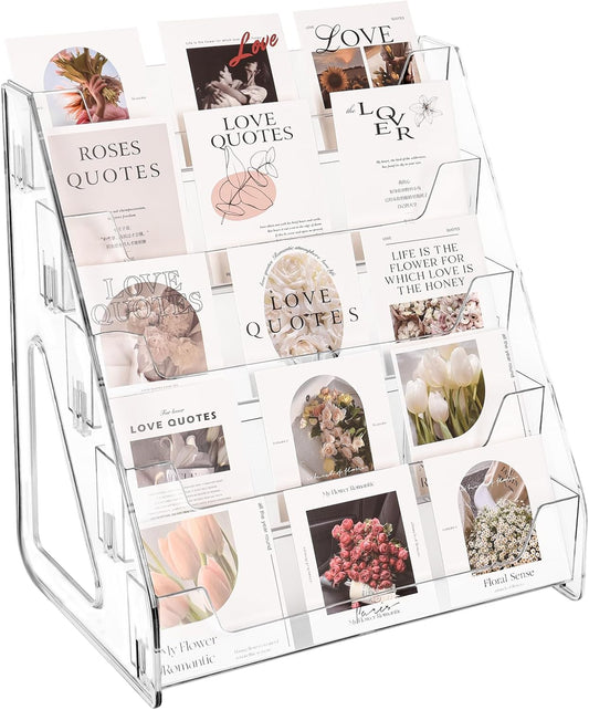 5-layer acrylic card display stand, clearly display greeting cards, sports cards, postcards, stickers and brochures, easily snap in, increase height and thickness, better presentation