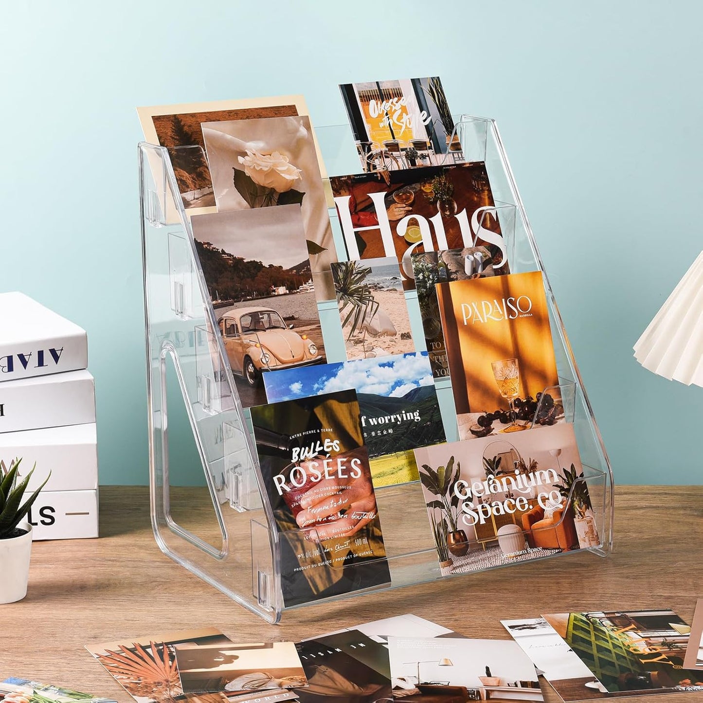 5-layer acrylic card display stand, clearly display greeting cards, sports cards, postcards, stickers and brochures, easily snap in, increase height and thickness, better presentation